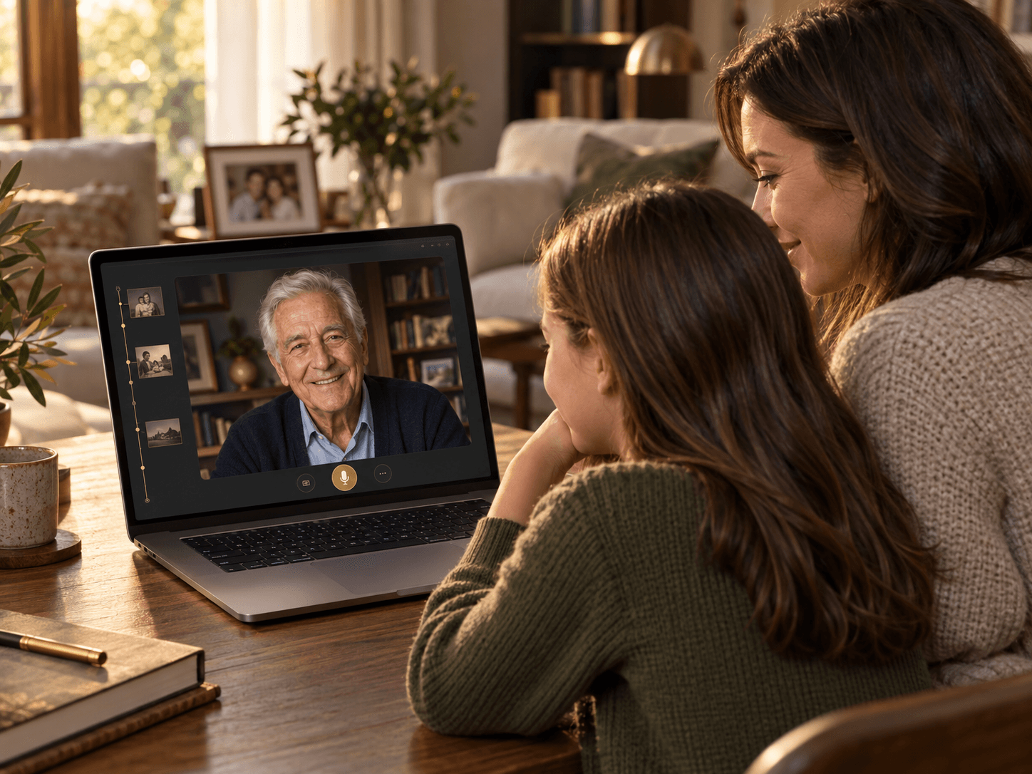 A mother and daughter explore the Online Legacy profile together on a laptop