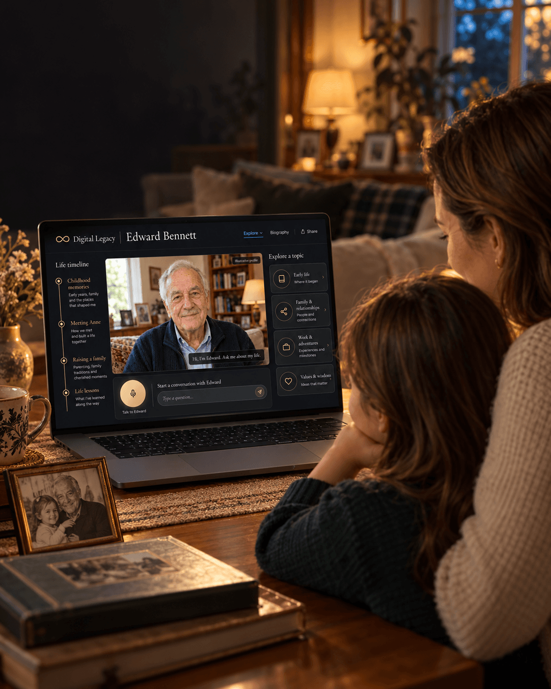 A family gathered together, preserving memories for generations