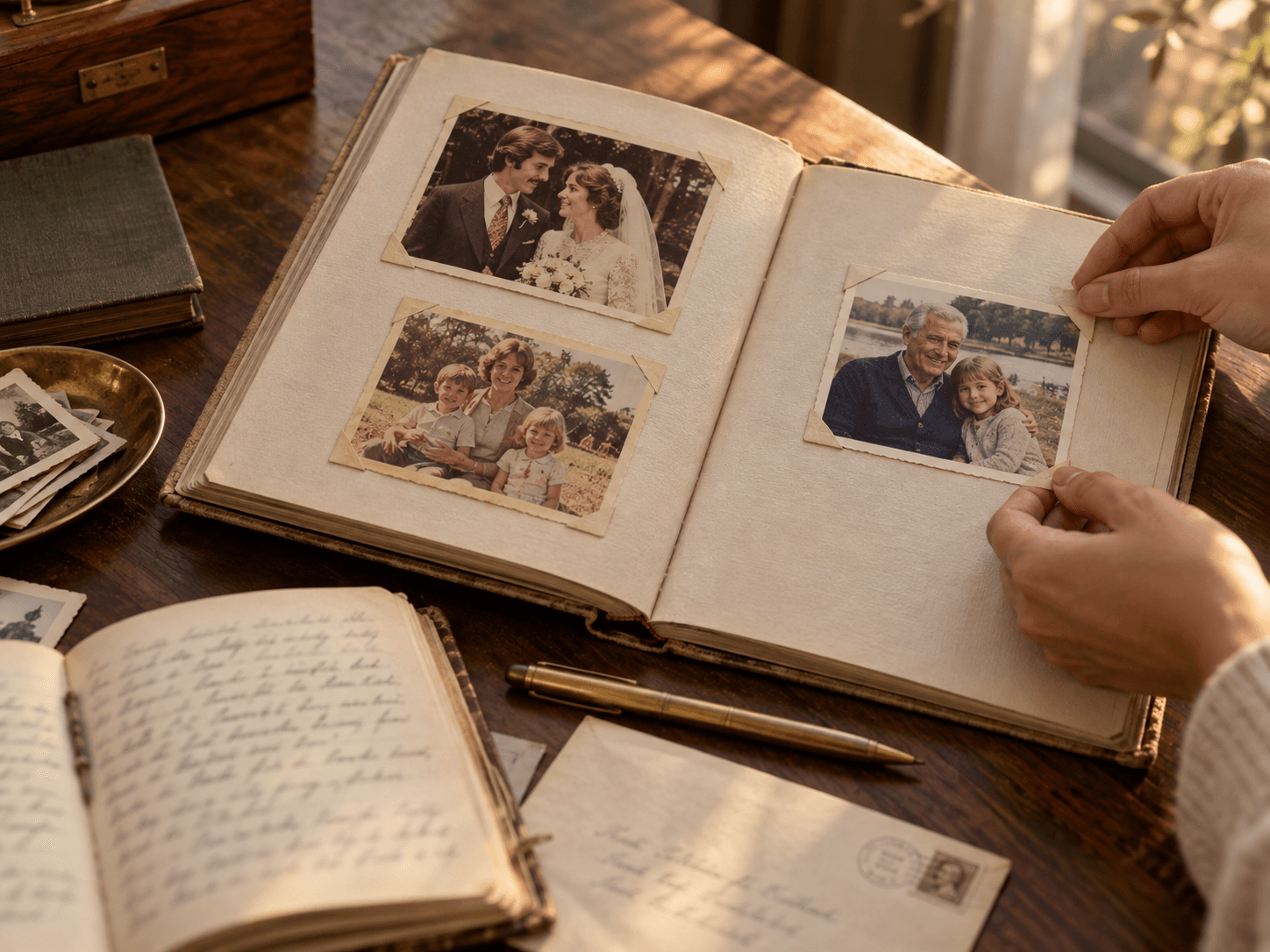 An open journal with handwritten notes and family photographs — source materials for a virtual twin