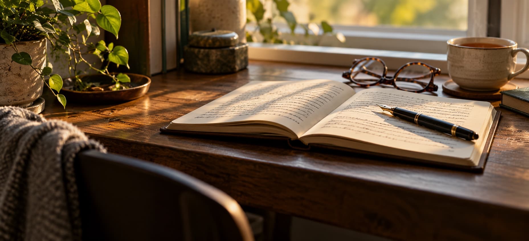 A warm writing scene — an open journal with handwritten notes in golden afternoon light