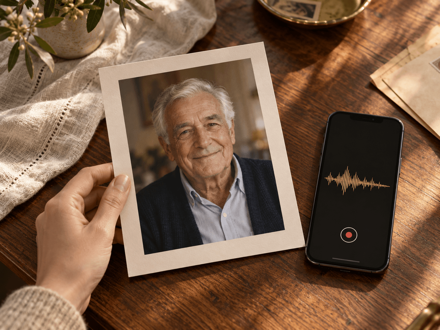 Hands holding a printed portrait photograph beside a phone ready to record